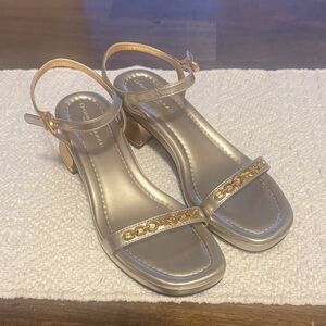 Donna Karan Metallic Gold Chain-Trim Block Heel Sandals